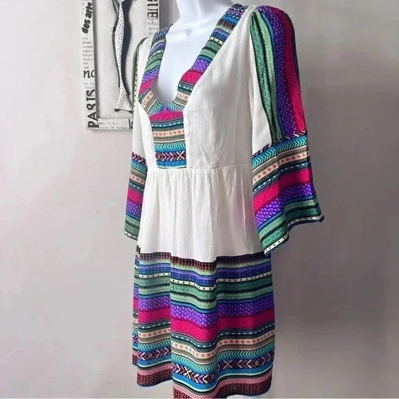 Esley Boho Festival Bell Sleeve Printed White Mini Dress Size L - Picture 6 of 13